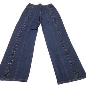 White Fox Serenity lace up front jeans dark wash rigid medium wide leg